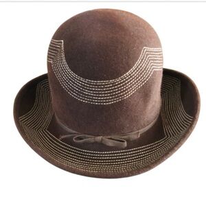 Vintage Brown Wool Felt Hat with Decorative Stitching